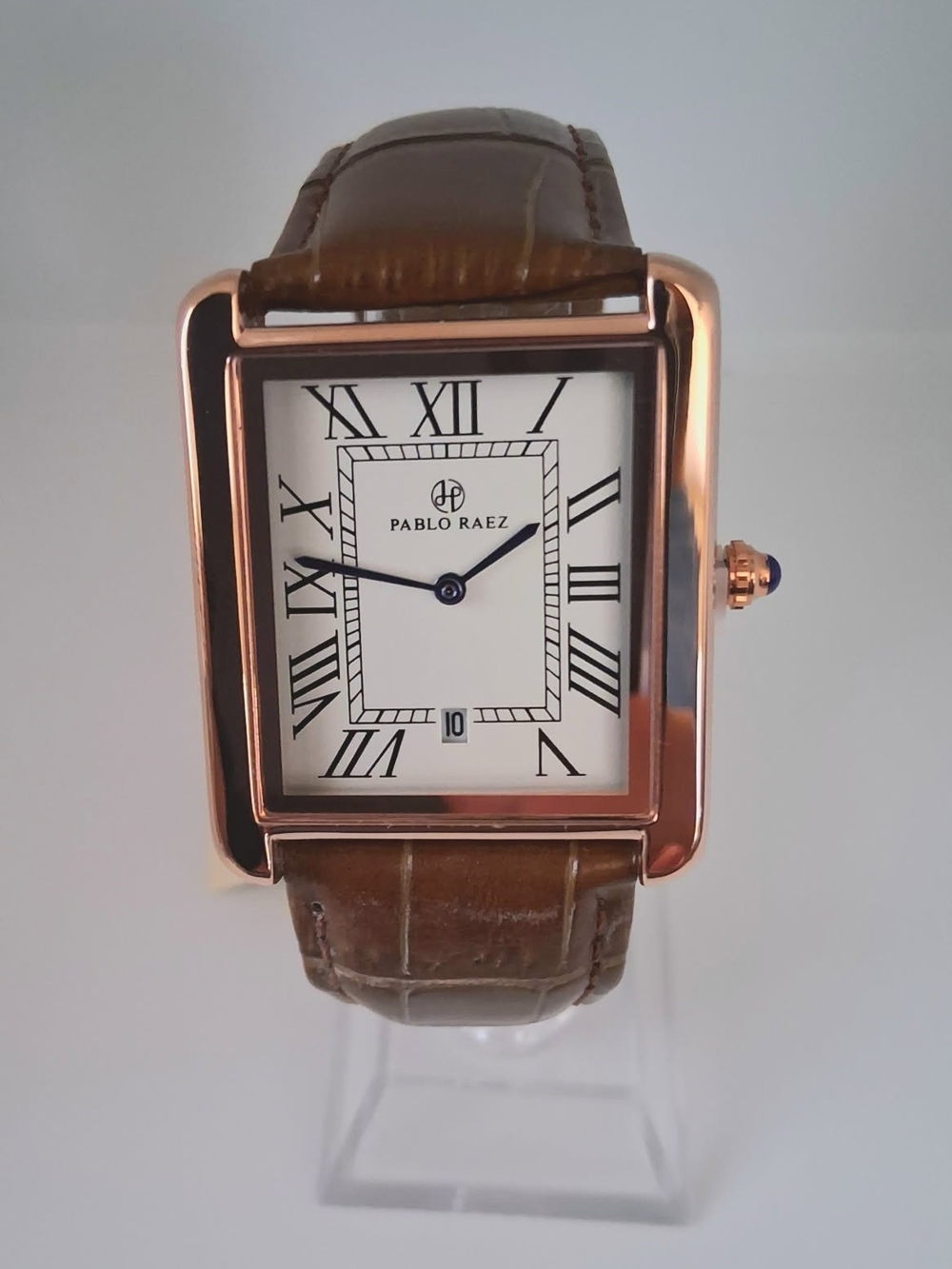 Pablo Raez Men's Brown Leather Strap Watch with Rose Gold Case
